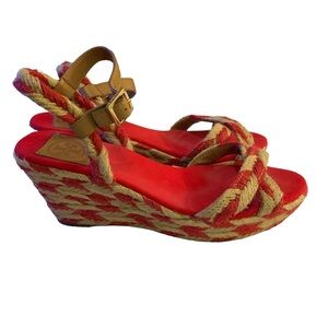 Tory Burch Camelia Wedge Sandals Espadrille Red Beige size 9 M flaws